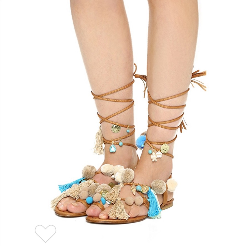 alameda-turquesa Santorini Pom Pom Lace Up Sandals